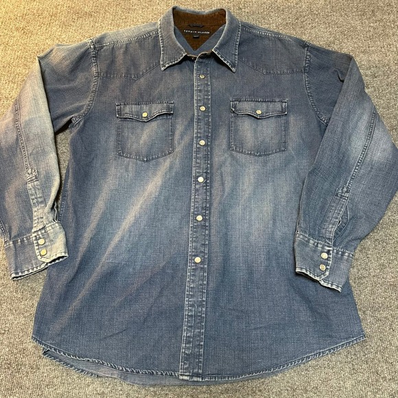Tommy Hilfiger Other - Tommy Hilfiger Mens XL Denim Western Snap Shirt Blue Faded Corduroy Collar